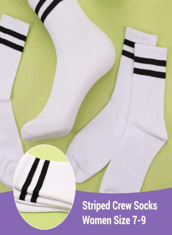 Starvortex 6-pair Striped Crew Socks Women, Breathable Cotton Half Calf Women Sock Size 7-9, Stylish White Striped Sock, Soft Tube Socks for Gym Tennis Running Workout - Image 5